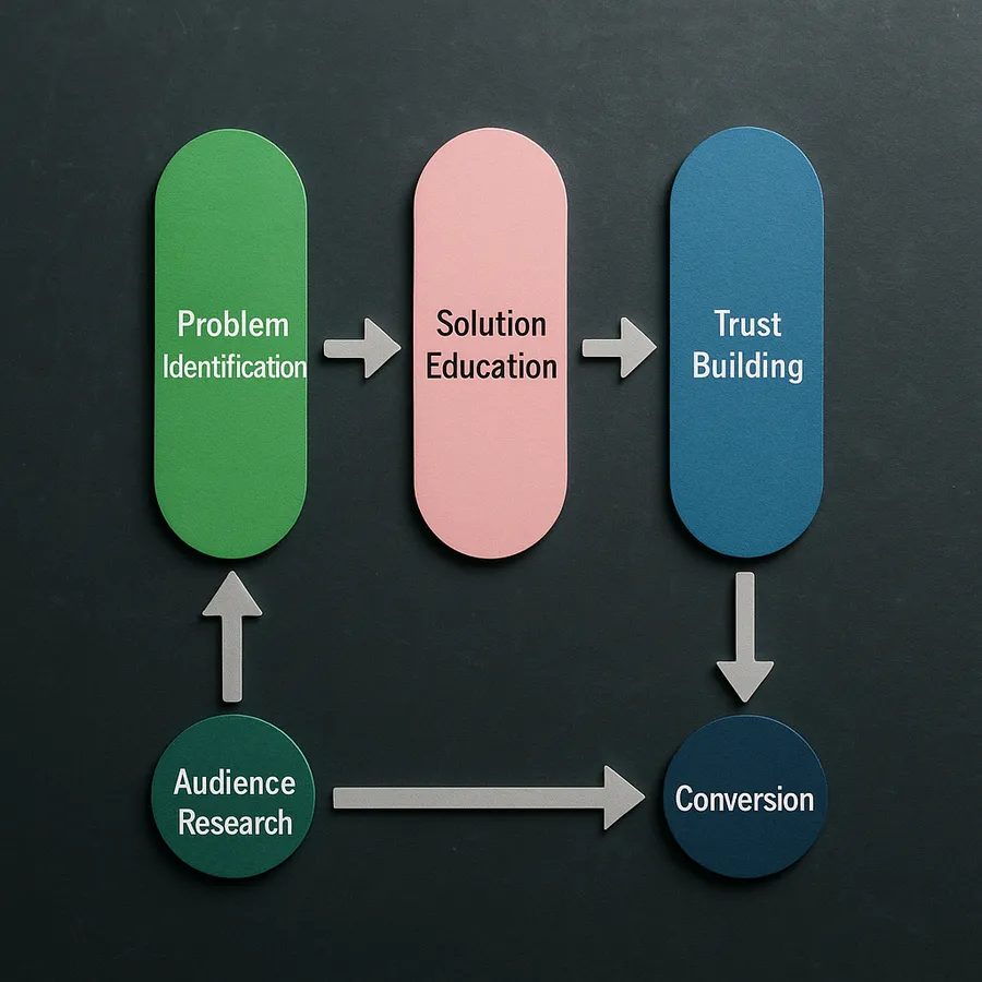 Visual diagram showing the three pillars of the 2026 Affiliate Content Framework: Problem Identification, Solution Education, and Trust Building, with arrows showing the progression from audience rese