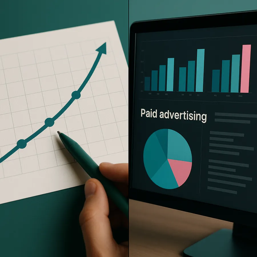 Split-screen showing organic traffic growth chart on left and paid advertising dashboard on right