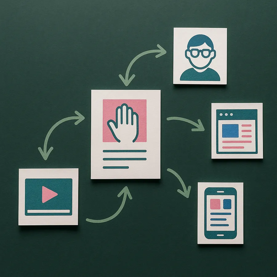 Content creation workflow diagram showing one master piece of content being repurposed into multiple formats across different platforms