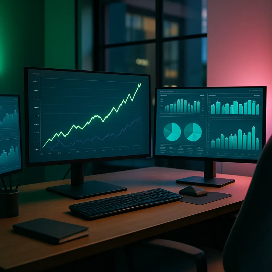 Professional workspace showing affiliate marketing dashboard with growth charts trending upward, multiple monitors displaying analytics and broker performance data