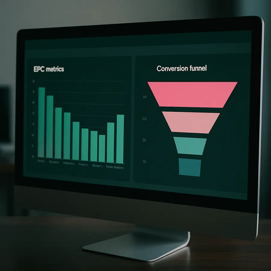 Analytics dashboard showing EPC metrics and conversion funnel data for different forex brokers