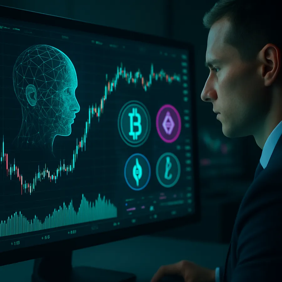 Futuristic trading interface showing AI analytics and cryptocurrency integration in forex platform