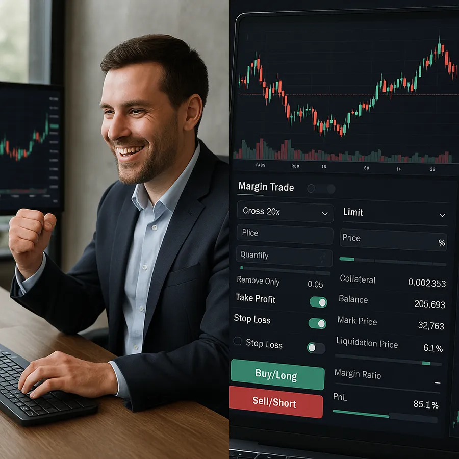 Split-screen showing successful crypto margin trader at professional workstation alongside platform interface displaying advanced margin trading tools and risk management features