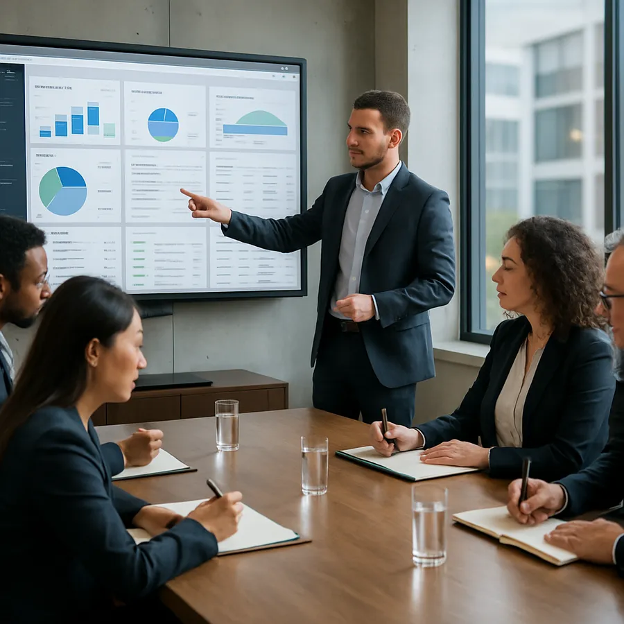 Professional business meeting showing enterprise software demonstration on large screen with diverse team of stakeholders taking notes