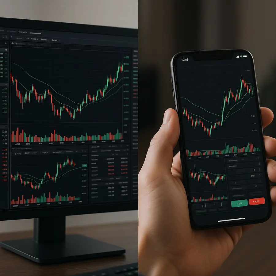 Split screen showing professional trading platform interface on desktop and mobile with advanced charting and order management tools