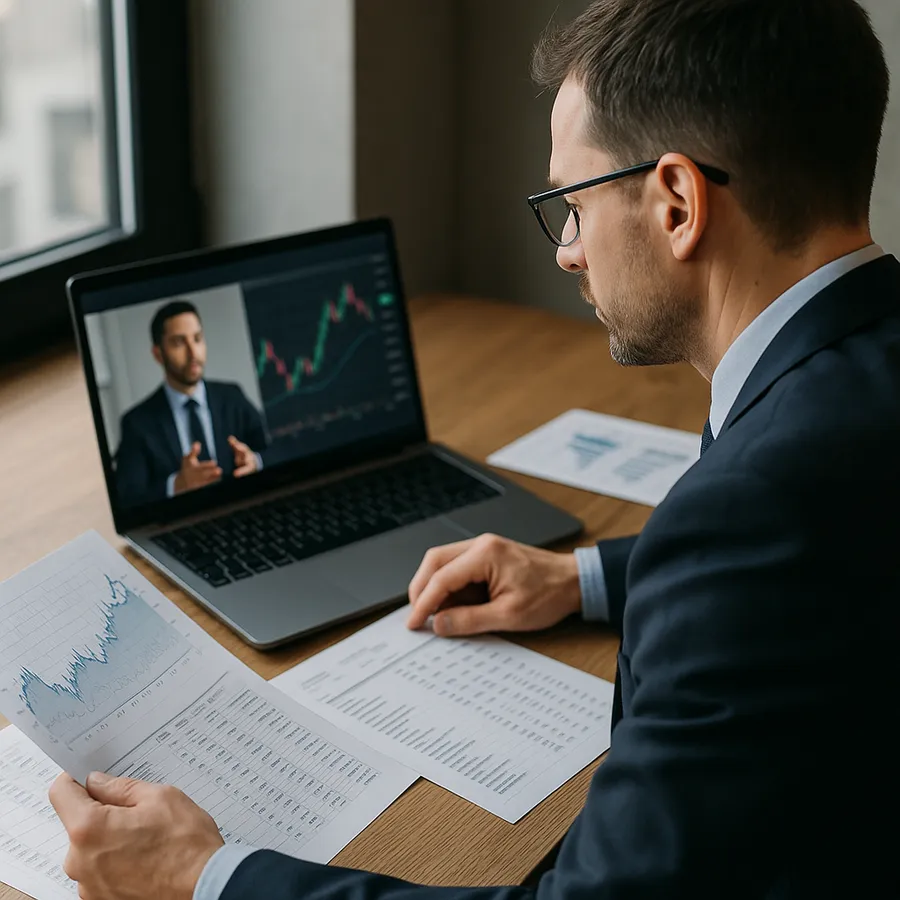 Professional trader attending a live webinar on a laptop while reviewing market analysis reports and economic calendar
