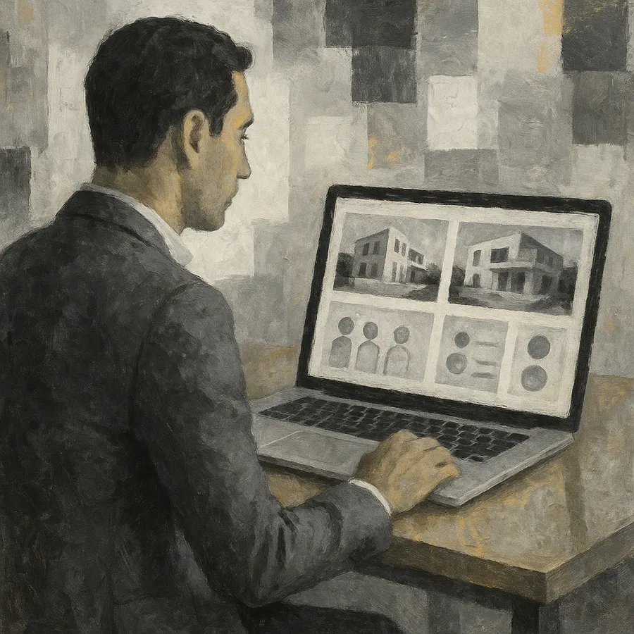 Malta real estate agent reviewing lead generation results on laptop with property photos and contact information visible