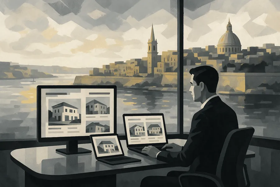 Modern Malta property professional in sleek office overlooking Valletta harbour, working on digital marketing materials with property listings displayed on multiple screens