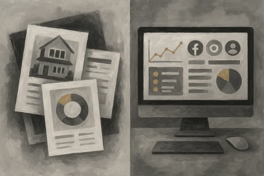 Split-screen comparison showing traditional property marketing materials on left versus modern digital marketing dashboard with social media analytics and lead generation metrics on right