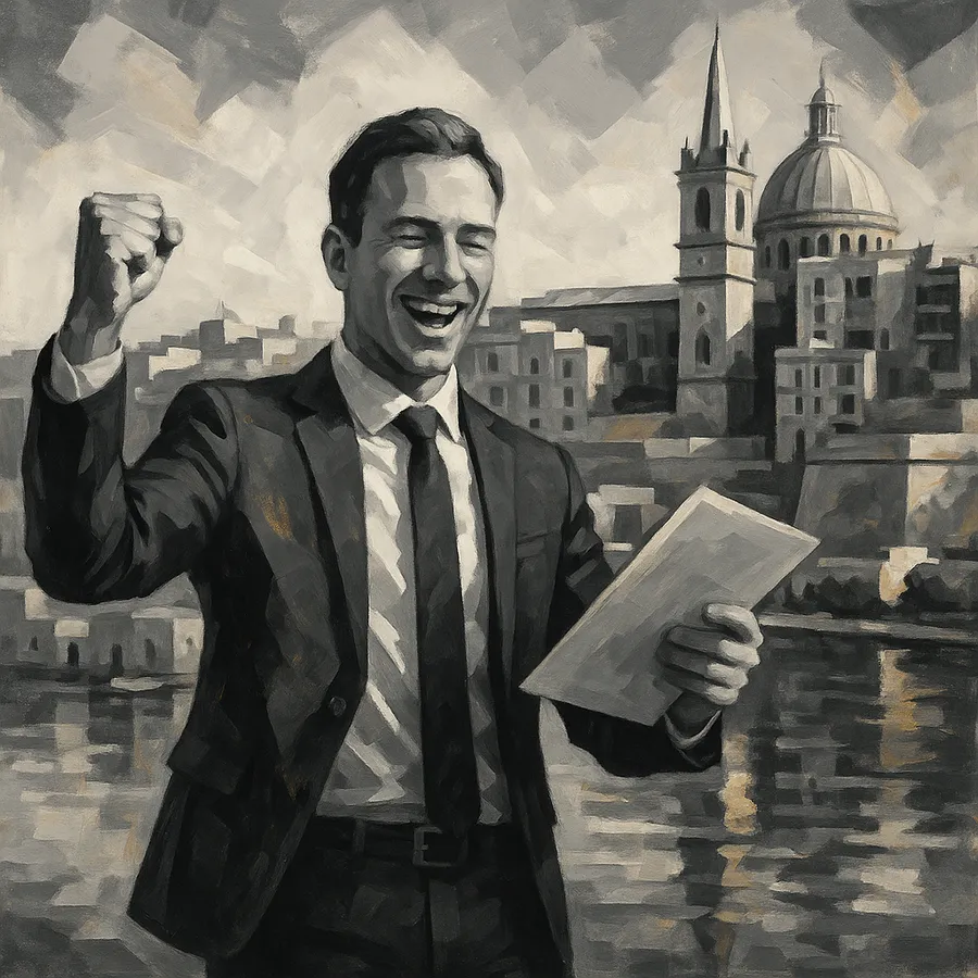 Successful real estate agent celebrating after passing licensing exam with Malta property backdrop
