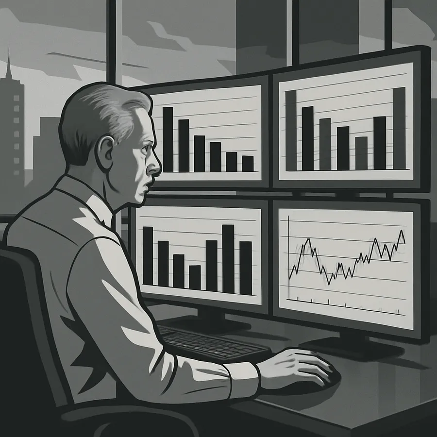 Professional trader reviewing prop firm payout comparison chart on multiple monitors in modern trading office
